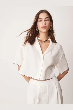 New Look Co-ord blanket stitch cropped shirt in cream