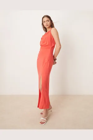 ASOS Linen twist shoulder detail midi dress with ruching in poppy red