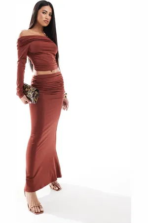 Aria Cove Slinky ruched column maxi skirt co-ord in rust