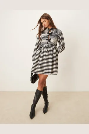 Ghospell Bobbi check bow mini dress in mono
