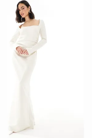 Pretty Lavish Bridesmaid long sleeve square neck crepe maxi dress in cream