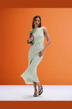 MANGO Open back satin midi dress in sage green