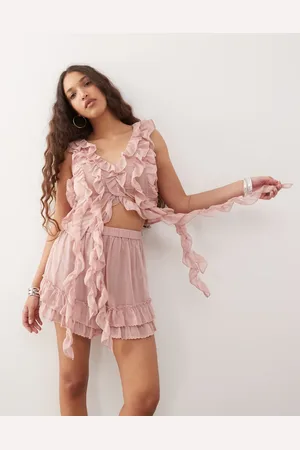 Amy Lynn Ruffle detail pleated chiffon crop top co-ord in tawny