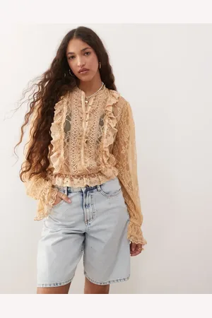 Miss Selfridge Lace trim button through heritage blouse in cream