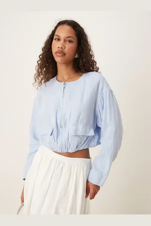 MANGO Linen cropped utility jacket in sky