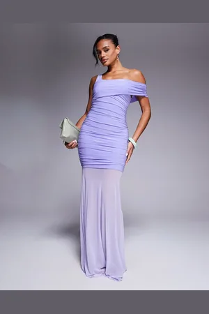 Kaiia Exclusive slinky asymmetric one shoulder sheer hem maxi dress in lilac