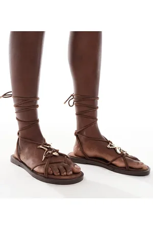 Bershka Gold detail tie up flat sandals in