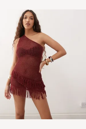 Motel Meloka crochet fringe detail one-shoulder mini dress in berry
