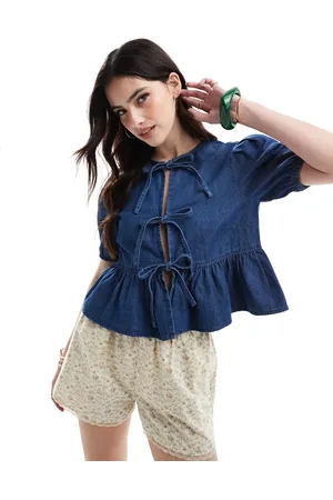 New Look Denim tie front top in