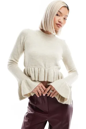 ASOS Knitted ruffle crop jumper in stone