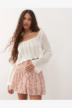 Miss Selfridge Crochet square neck long sleeve jumper in cream