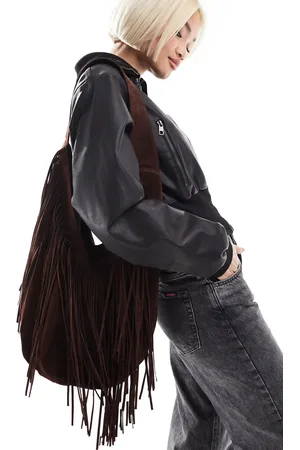 Glamorous Fringed faux suede shoulder bag in dark