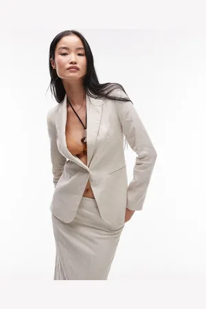 MANGO Linen slim fit blazer in ecru