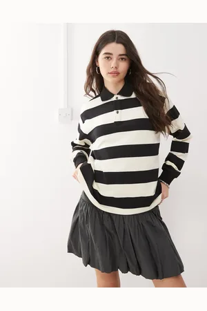 Lioness Nautica collared long sleeve rugby polo shirt in black and white stripe