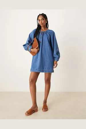 ASOS Denim mini dress with balloon sleeves in midwash