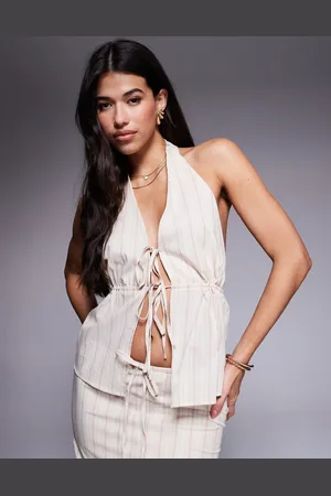 Kaiia Cotton tie detail linen look halterneck top co-ord in cream stripe