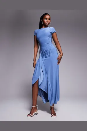 Kaiia Exclusive slinky cap sleeve side split drape detail maxi dress in sky