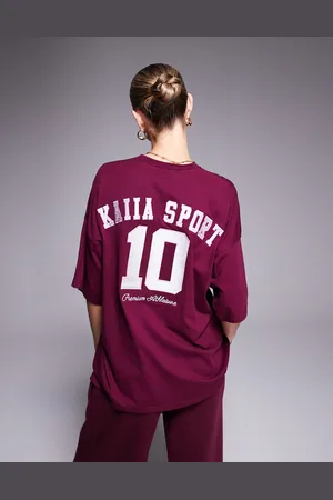 Kaiia Sport embroidered contrast logo oversized t-shirt co-ord in burgundy