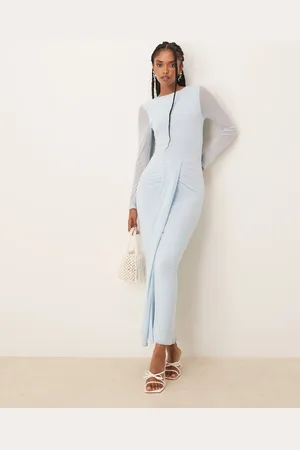 ASOS Mesh long sleeve slash neck open back maxi dress with sash in baby