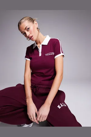 Kaiia Cotton contrast trim polo baby tee co-ord in burgundy and white
