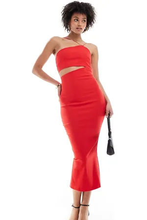 Vesper Bengaline asymmetric halterneck midi cut out dress in