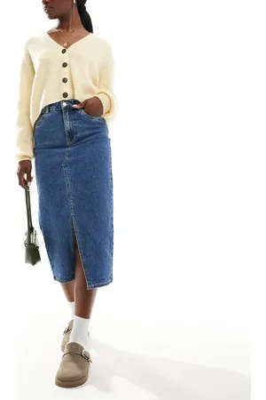 VERO MODA Denim midaxi skirt with front split in medium denim