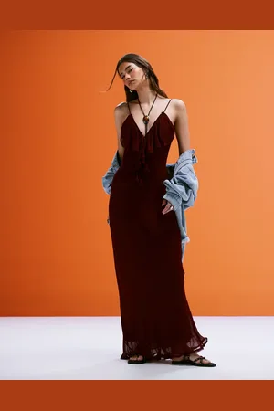 MANGO Ruffle front maxi dress in burgundy