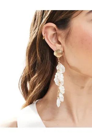 Accessorize Pearl and shell statement long drop earrings in gold