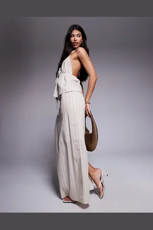 Kaiia Exclusive cotton tie waist linen look maxi skirt co-ord in cream stripe
