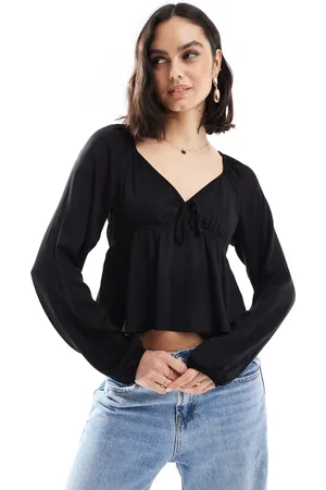 Pimkie Tie front long sleeve peplum top in