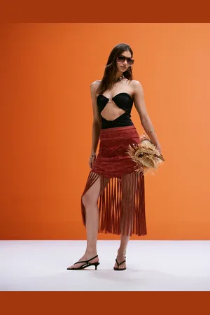 ASOS Embroidered skirt with fringe detail in burgundy