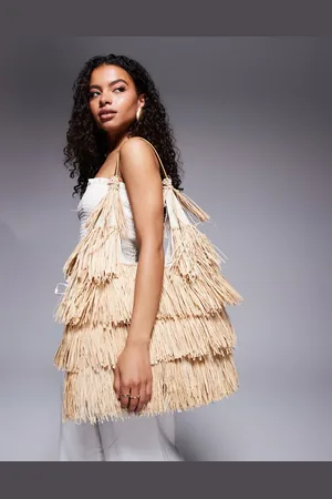 South Beach Frayed straw shoulder bag in beige