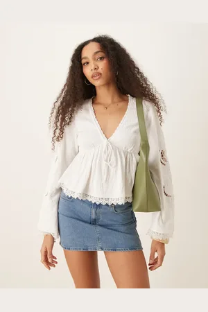 ASOS Lace hem crinkle embroidered tie front long sleeve top in - IVORY