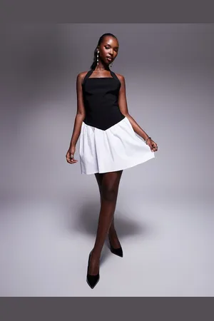 Vesper Bengaline halterneck mini dress in mono contrast