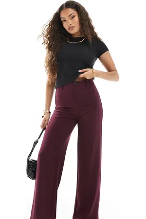 Bershka Petite high waisted tailored trousers in burgundy