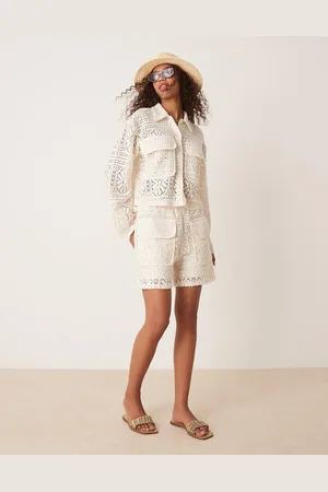 VILA Floral crochet utility style cropped shirt co-ord in birch cream