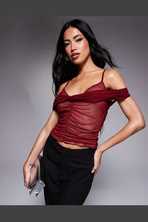 ASOS Double layer ruched mesh bardot top in burgundy