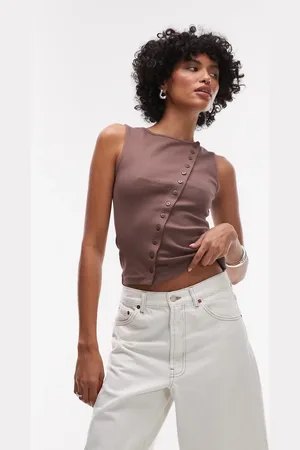Topshop Jersey asymmetric button through tank top in chocolate