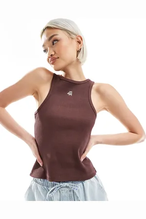 4th & Reckless Cotton ribbed racerneck embroidered logo vest top in chocolate