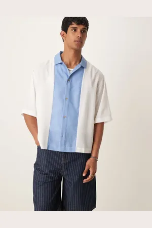 ASOS Boxy overhead oversized shirt in blue and stone cut and sew