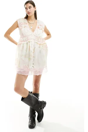 Free People Lace edge floral print floaty mini dress in