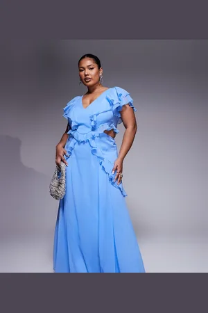 ASOS ASOS DESIGN Curve flutter sleeve ruffle midi dress with cut out in cornflower