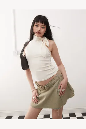Princess Polly Slinky halterneck tie neck top in cream