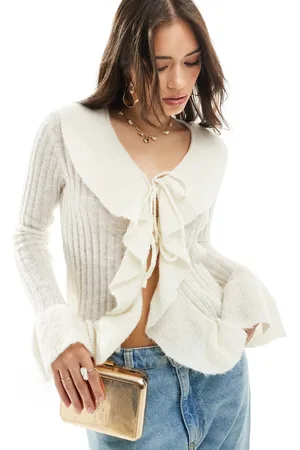 Y.A.S Frill detail tie front cardigan in cream - CREAM