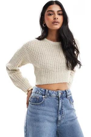 JJXX Cropped boxy ribbed jumper in beige marl