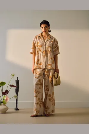 Topshop Co ord low rise linen stitch detail floral trouser in