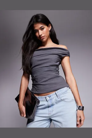 Princess Polly Ruched drape detail bardot top in charcoal