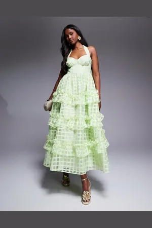 ASOS Textured organza check halter maxi dress in pistachio