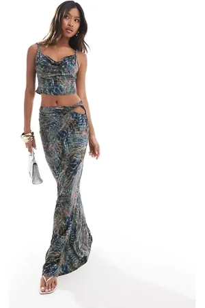 ASOS Co-ord slinky cut out hip maxi skirt in blue print