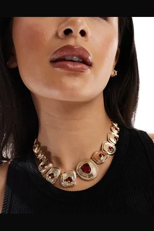 ASOS Necklace with hammered coin and semi precious look detail in tone